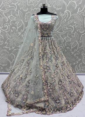 Sky Blue Color Sequins Work,Flower Pattern Work,Multi Thread,Fancy Embroidery Heavy Net Lehenga Choli 3