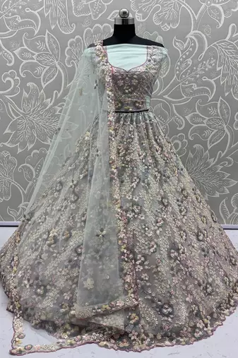 Sky Blue Color Sequins Work,Flower Pattern Work,Multi Thread,Fancy Embroidery Heavy Net Lehenga Choli