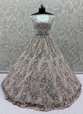 Sky Blue Color Sequins Work,Flower Pattern Work,Multi Thread,Fancy Embroidery Heavy Net Lehenga Choli 4