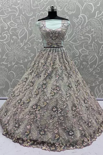 Sky Blue Color Sequins Work,Flower Pattern Work,Multi Thread,Fancy Embroidery Heavy Net Lehenga Choli