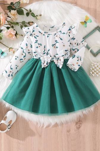 Green floral print net fit & flare girls dress