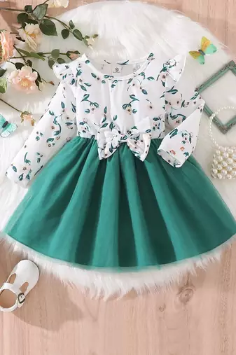 Green floral print net fit & flare girls dress