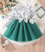 Green floral print net fit & flare girls dress