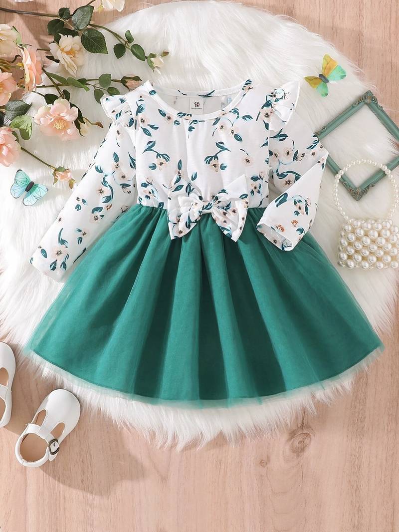 Green floral print net fit & flare girls dress