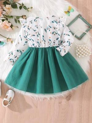 Green floral print net fit & flare girls dress 2
