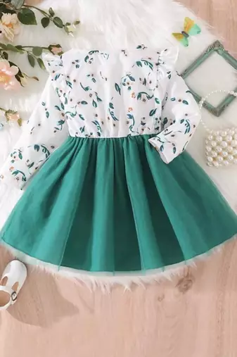 Green floral print net fit & flare girls dress