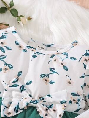 Green floral print net fit & flare girls dress 3