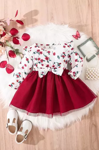Red floral print net fit & flare girls dress