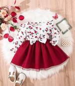 Red floral print net fit & flare girls dress