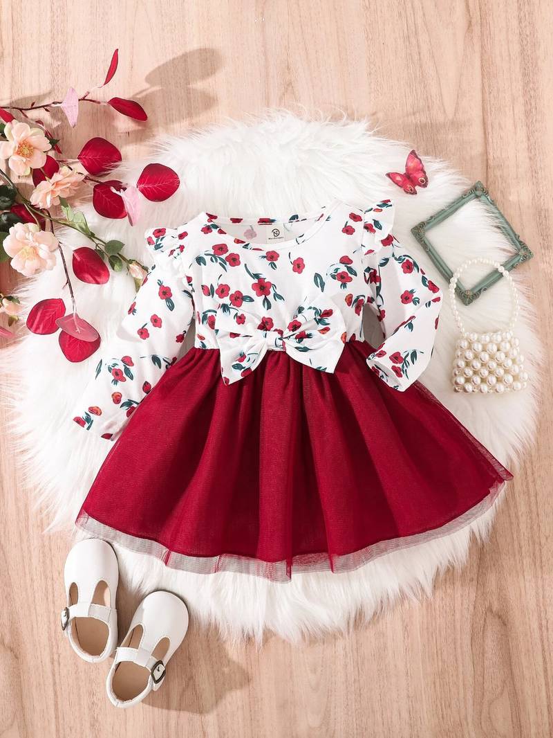 Red floral print net fit & flare girls dress
