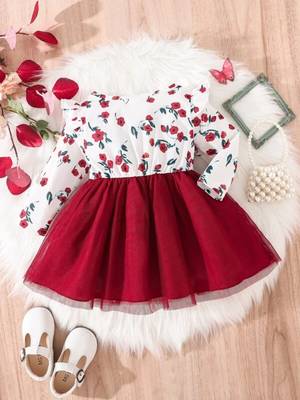 Red floral print net fit & flare girls dress 2