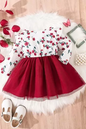 Red floral print net fit & flare girls dress