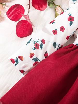 Red floral print net fit & flare girls dress 3