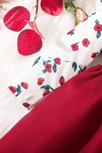 Red floral print net fit & flare girls dress