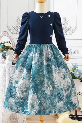 Navy blue floral print cotton blend party wear girls dress