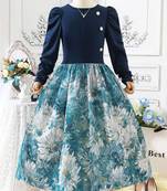 Navy blue floral print cotton blend party wear girls dress