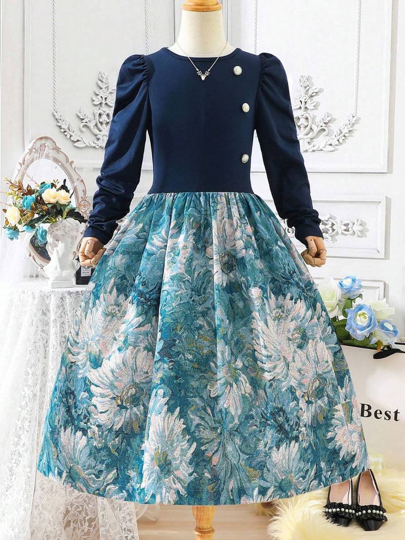 Navy blue floral print cotton blend party wear girls dress