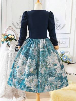 Navy blue floral print cotton blend party wear girls dress 2