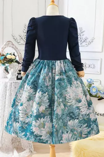 Navy blue floral print cotton blend party wear girls dress