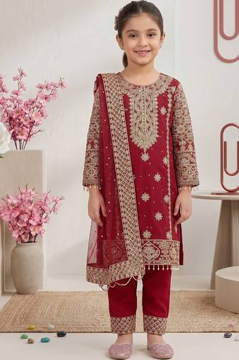 Elegant maroon georgette embroidered work girls' salwar suit set