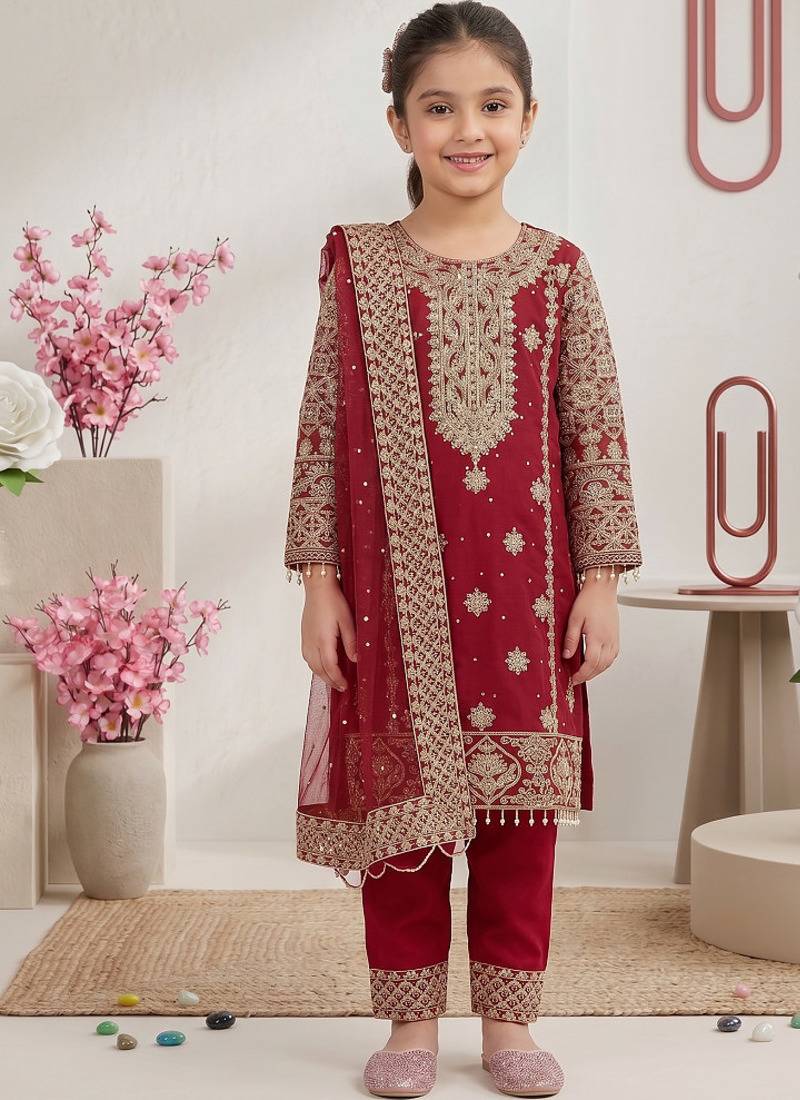 Elegant maroon georgette embroidered work girls' salwar suit set