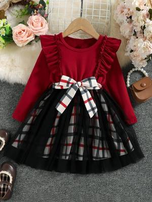 Red checked net fit & flare party wear girls dress 1