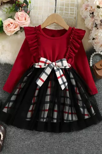 Red checked net fit & flare party wear girls dress