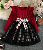 Red checked net fit & flare party wear girls dress