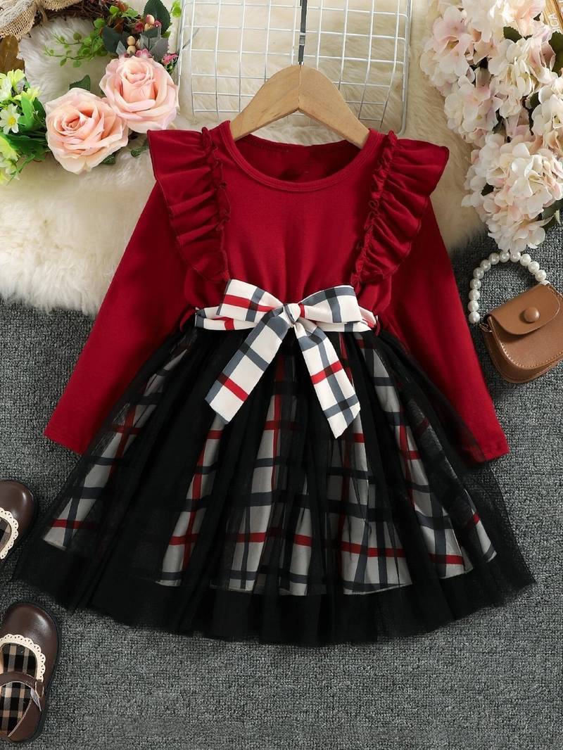 Red checked net fit & flare party wear girls dress