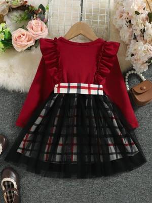 Red checked net fit & flare party wear girls dress 2