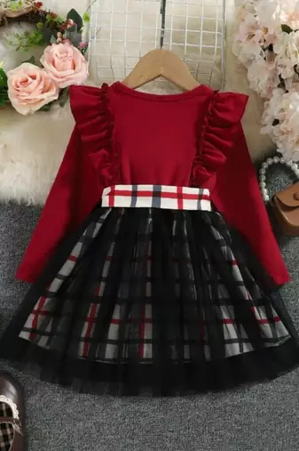 Red checked net fit & flare party wear girls dress