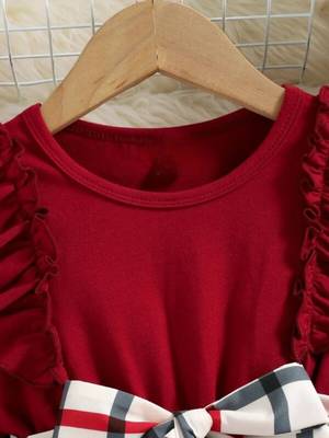 Red checked net fit & flare party wear girls dress 3