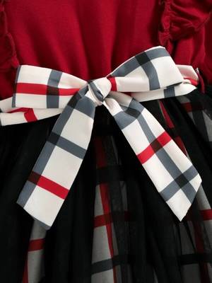 Red checked net fit & flare party wear girls dress 4