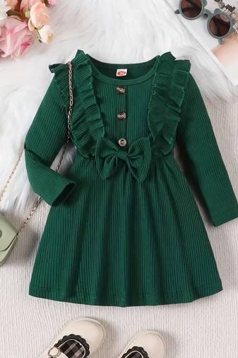 Green ribbed cotton blend casual fit & flare girls dress