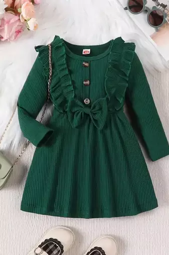 Green ribbed cotton blend casual fit & flare girls dress