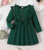 Green ribbed cotton blend casual fit & flare girls dress