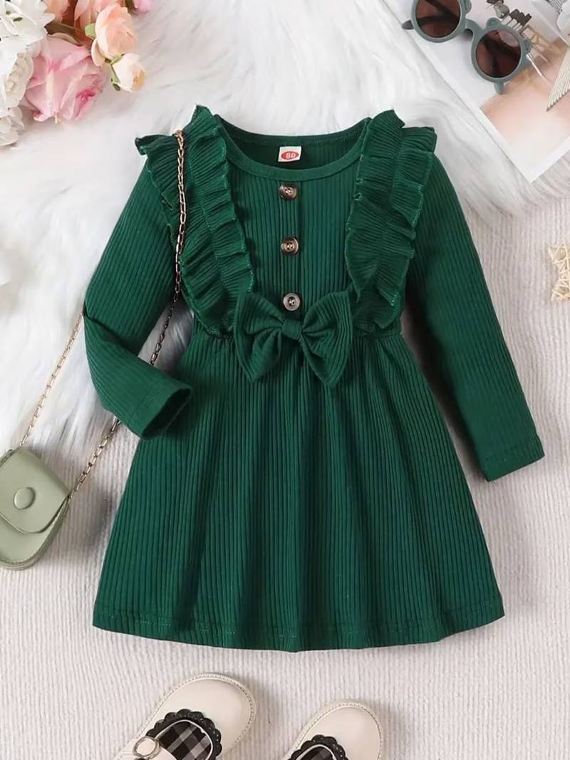 Green ribbed cotton blend casual fit & flare girls dress