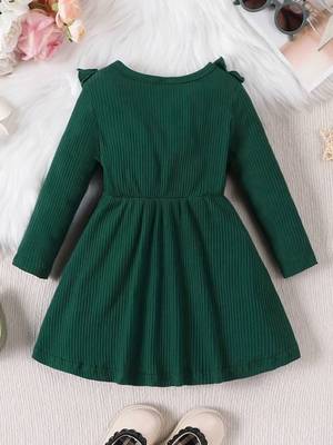 Green ribbed cotton blend casual fit & flare girls dress 2