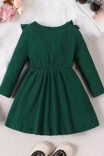 Green ribbed cotton blend casual fit & flare girls dress