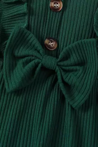 Green ribbed cotton blend casual fit & flare girls dress