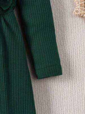 Green ribbed cotton blend casual fit & flare girls dress 4