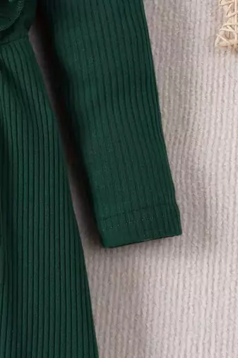 Green ribbed cotton blend casual fit & flare girls dress