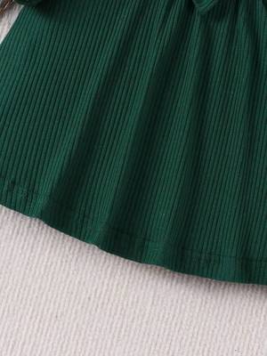 Green ribbed cotton blend casual fit & flare girls dress 5