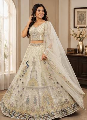 White Color Peacock Pattern Crafted,Dori And Thread Work,Zircon Diamond Studded All Over Work Net Lehenga Choli 2