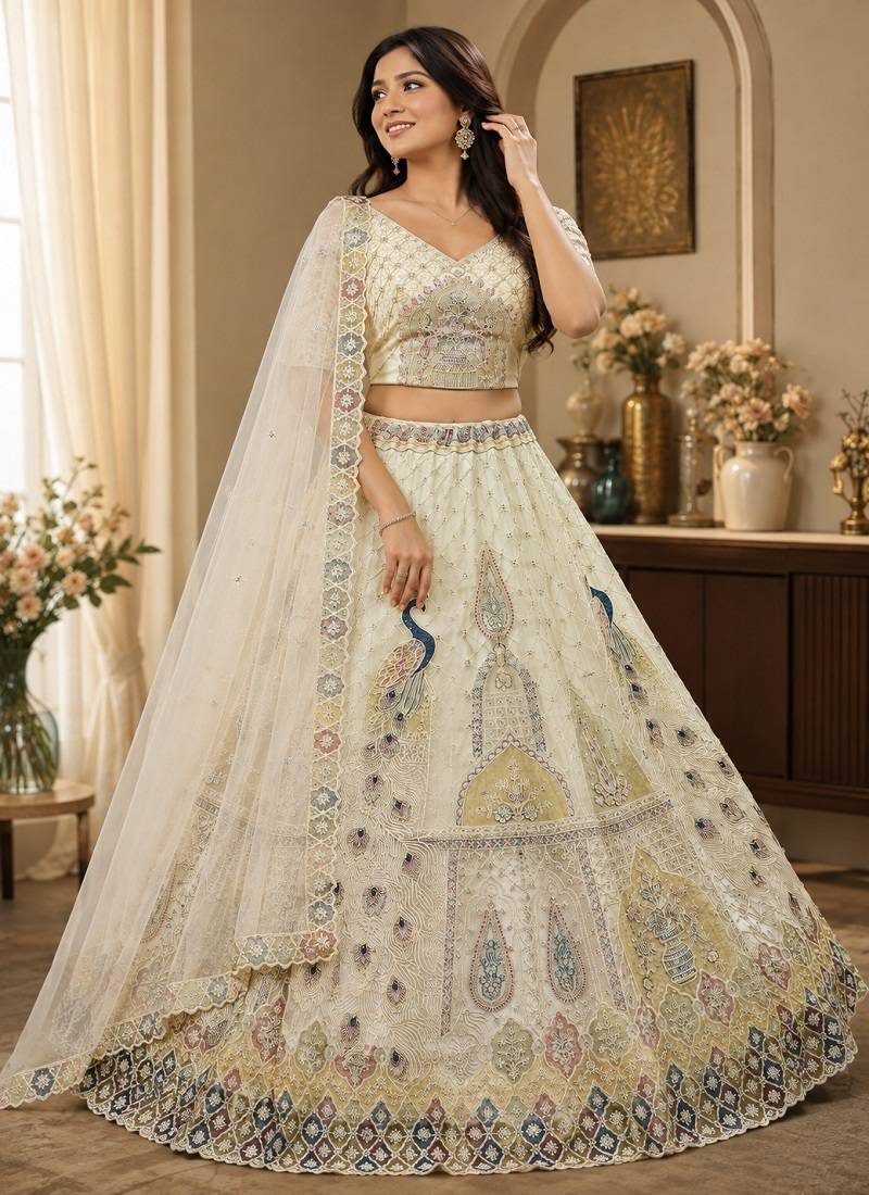 White Color Peacock Pattern Crafted,Dori And Thread Work,Zircon Diamond Studded All Over Work Net Lehenga Choli