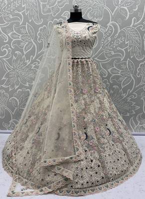 White Color Peacock Pattern Crafted,Dori And Thread Work,Zircon Diamond Studded All Over Work Net Lehenga Choli 3