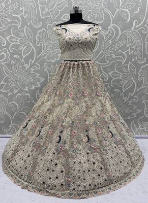 White Color Peacock Pattern Crafted,Dori And Thread Work,Zircon Diamond Studded All Over Work Net Lehenga Choli 4