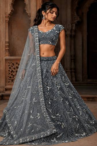 Grey Sequins Embedded With Studded Heavy Net Lehenga Choli