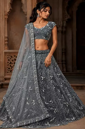 Grey Sequins Embedded With Studded Heavy Net Lehenga Choli