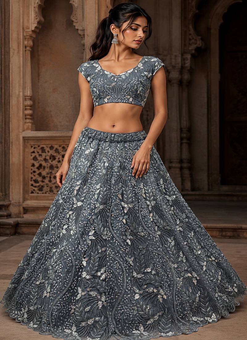 Grey Sequins Embedded With Studded Heavy Net Lehenga Choli